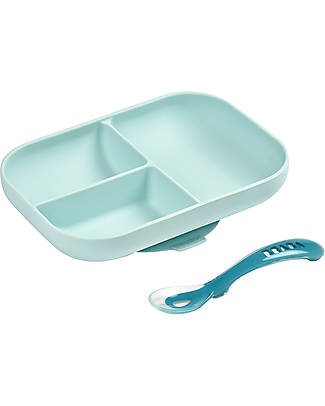 Béaba Set Pappa da Apprendimento in Silicone - Piatto Triscomparto + Cucchiaio da 2 anni - Blu Set Pappa