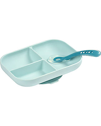 Béaba Set Pappa da Apprendimento in Silicone - Piatto Triscomparto + Cucchiaio da 2 anni - Blu Set Pappa