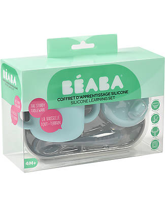 Béaba Set Pappa da Apprendimento in Silicone - Piatto Triscomparto + Tazza con Beccuccio + Cucchiaio da 2 anni - Blue e Grigio Set Pappa