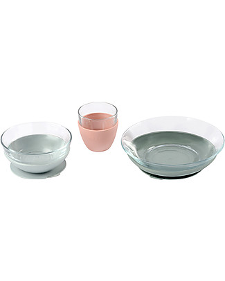 Béaba Set Pappa in Vetro con Ventosa - Piatto + Scodella + Bicchiere - Eucalipto - Fatto in Francia Set Pappa