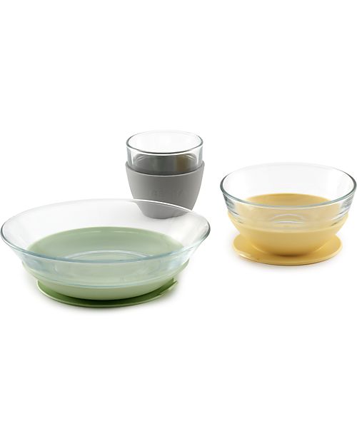 Béaba Set Pappa in Vetro con Ventosa - Piatto + Scodella + Bicchiere - Giallo - Fatto in Francia Set Pappa