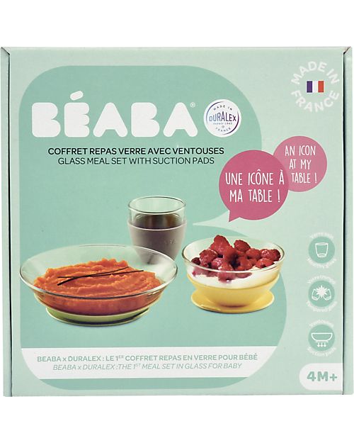 Béaba Set Pappa in Vetro con Ventosa - Piatto + Scodella + Bicchiere - Giallo - Fatto in Francia Set Pappa