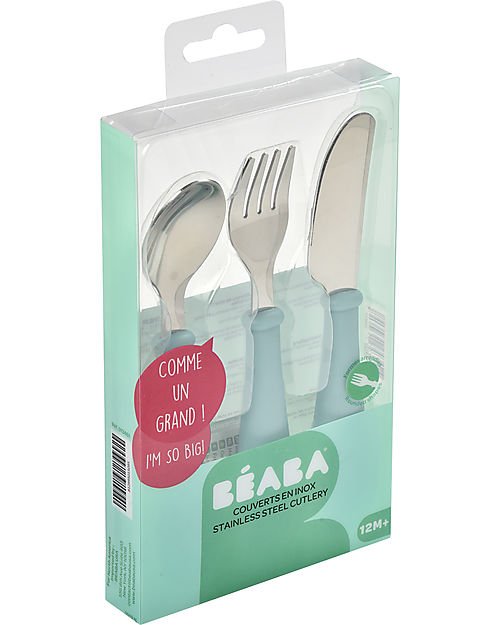 Béaba Set Posate da Apprendimento in Acciaio Inossidabile - Cucchiaio + Forchetta + Coltello - Blu Posate