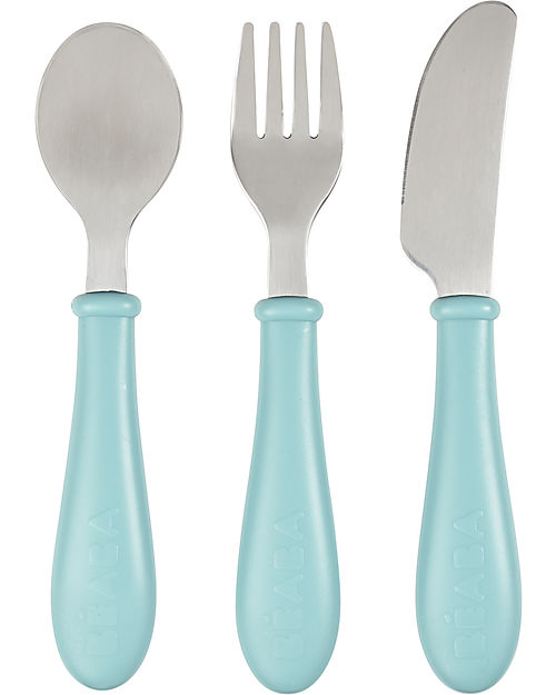 Béaba Set Posate da Apprendimento in Acciaio Inossidabile - Cucchiaio + Forchetta + Coltello - Blu Posate