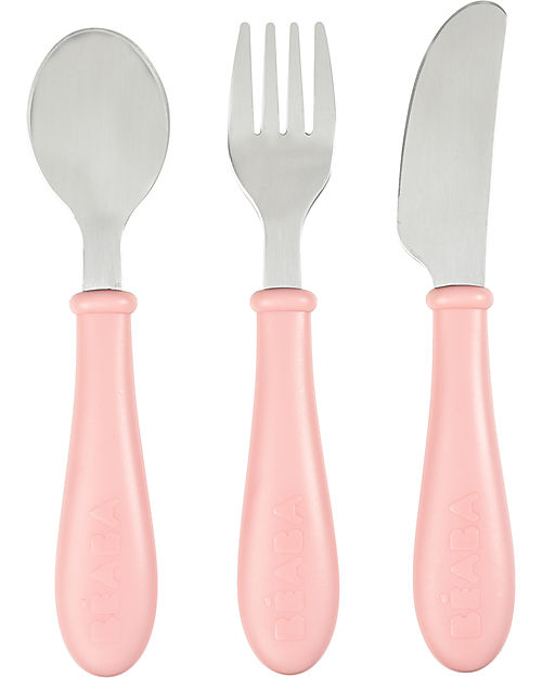 Béaba Set Posate da Apprendimento in Acciaio Inossidabile - Cucchiaio + Forchetta + Coltello - Rosa Posate