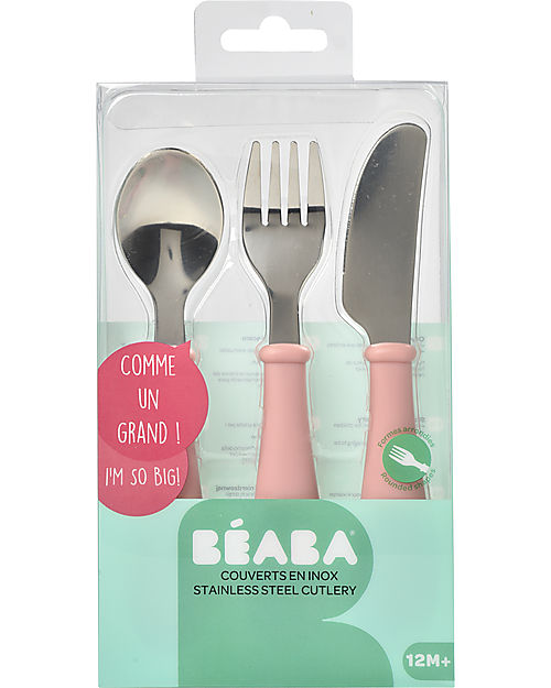 Béaba Set Posate da Apprendimento in Acciaio Inossidabile - Cucchiaio + Forchetta + Coltello - Rosa Posate