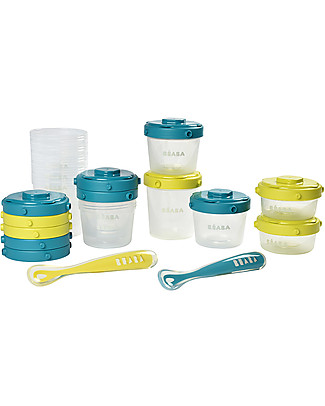 Béaba Set Prima Pappa - 2 Cucchiai Ergonomici in Silicone + 12 Contenitori per Alimenti - 2 x 60 ml + 4 x 120 ml + 6 x 200 ml - Neon/Blu Contenitori Latte e Snack