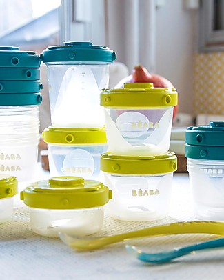 Béaba Set Prima Pappa - 2 Cucchiai Ergonomici in Silicone + 12 Contenitori per Alimenti - 2 x 60 ml + 4 x 120 ml + 6 x 200 ml - Neon/Blu Contenitori Latte e Snack