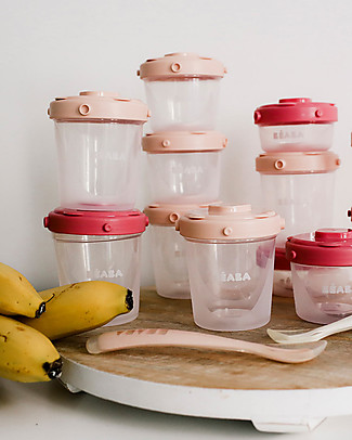 Béaba Set Prima Pappa - 2 Cucchiai Ergonomici in Silicone + 12 Contenitori per Alimenti - 2 x 60 ml + 4 x 120 ml + 6 x 200 ml - Rosa Contenitori Latte e Snack