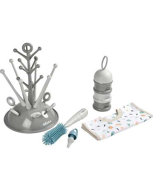 Béaba Set Regalo Neonato (Scola Biberon ad Albero Grigio + Pulisci Biberon in Silicone + Bavaglino in Cotone Fantasia + Contenitori Latte Impilabili) Accessori Biberon