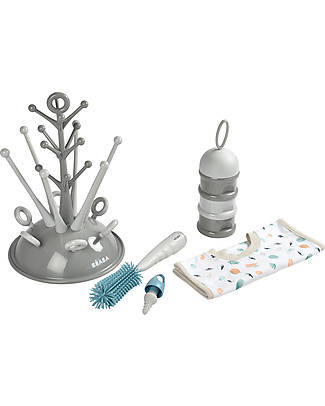 Béaba Set Regalo Neonato (Scola Biberon ad Albero Grigio + Pulisci Biberon in Silicone + Bavaglino in Cotone Fantasia + Contenitori Latte Impilabili) Accessori Biberon