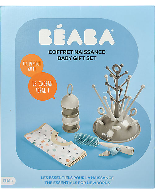 Béaba Set Regalo Neonato (Scola Biberon ad Albero Grigio + Pulisci Biberon in Silicone + Bavaglino in Cotone Fantasia + Contenitori Latte Impilabili) Accessori Biberon