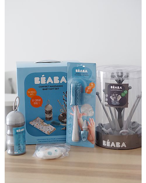 Béaba Set Regalo Neonato (Scola Biberon ad Albero Grigio + Pulisci Biberon in Silicone + Bavaglino in Cotone Fantasia + Contenitori Latte Impilabili) Accessori Biberon