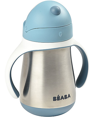 Béaba Tazza con Cannuccia in Acciaio Inossidabile - 250 ml - Blu - Per Imparare a Bere da Soli Biberon In Acciao