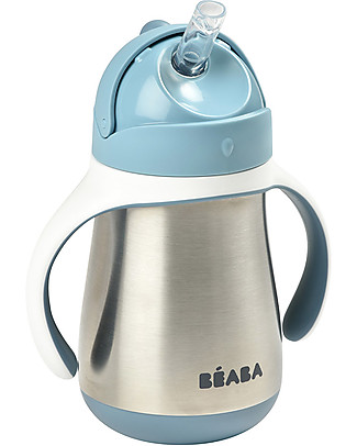 Béaba Tazza con Cannuccia in Acciaio Inossidabile - 250 ml - Blu - Per Imparare a Bere da Soli Tettarelle
