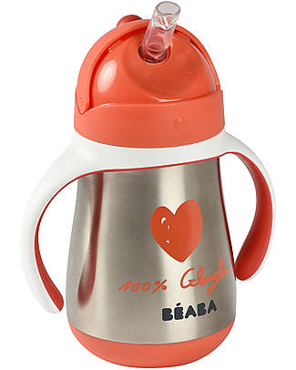 Béaba Tazza con Cannuccia in Acciaio Inossidabile - 250 ml - Rosso - Per Imparare a Bere da Soli Biberon_