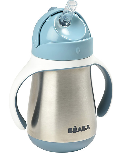 Béaba Tazza Termica con Cannuccia in Acciaio Inossidabile - 250 ml - Blu - Per Imparare a Bere da Soli Bicchieri