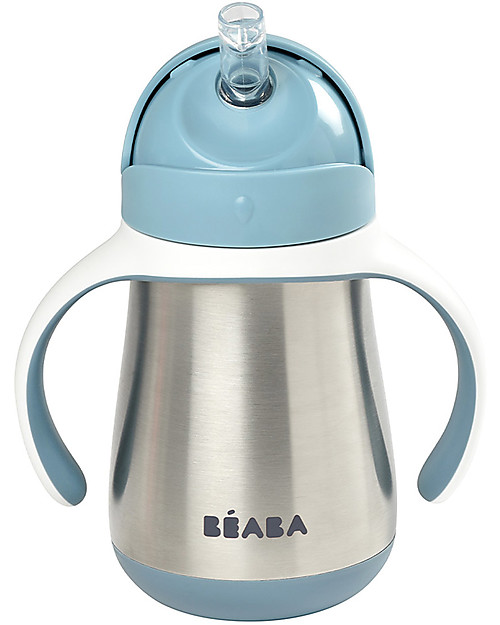 Béaba Tazza Termica con Cannuccia in Acciaio Inossidabile - 250 ml - Blu - Per Imparare a Bere da Soli Bicchieri