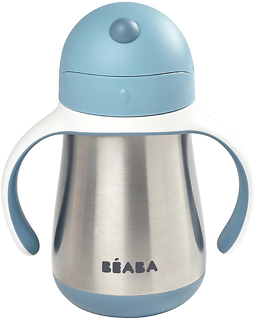 Béaba Tazza Termica con Cannuccia in Acciaio Inossidabile - 250 ml - Blu - Per Imparare a Bere da Soli Bicchieri