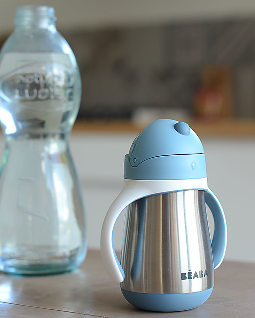 Béaba Tazza Termica con Cannuccia in Acciaio Inossidabile - 250 ml - Blu - Per Imparare a Bere da Soli Bicchieri