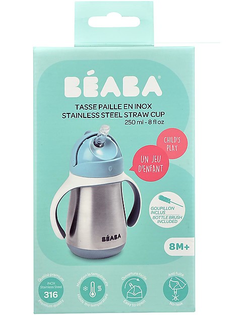 Béaba Tazza Termica con Cannuccia in Acciaio Inossidabile - 250 ml - Blu - Per Imparare a Bere da Soli Bicchieri