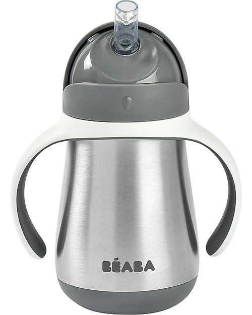 Béaba Tazza Termica con Cannuccia in Acciaio Inossidabile - 250 ml - Mineral Grey - Per Imparare a Bere da Soli Tazze