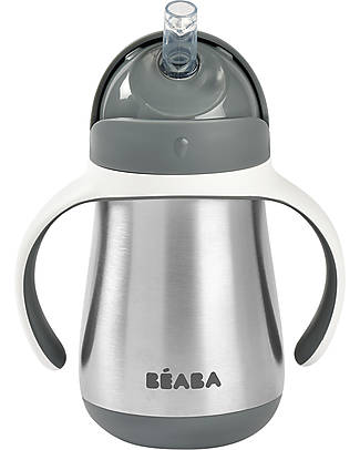 Béaba Tazza Termica con Cannuccia in Acciaio Inossidabile - 250 ml - Mineral Grey - Per Imparare a Bere da Soli Tazze
