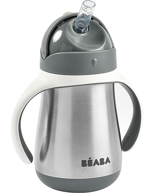 Béaba Tazza Termica con Cannuccia in Acciaio Inossidabile - 250 ml - Mineral Grey - Per Imparare a Bere da Soli Tazze