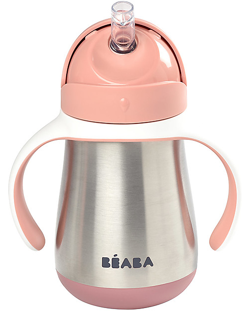 Béaba Tazza Termica con Cannuccia in Acciaio Inossidabile - 250 ml - Rosa - Per Imparare a Bere da Soli Bicchieri
