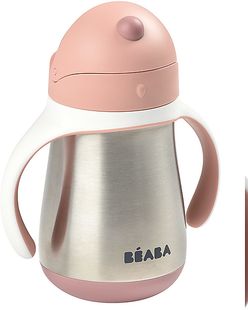 Béaba Tazza Termica con Cannuccia in Acciaio Inossidabile - 250 ml - Rosa - Per Imparare a Bere da Soli Bicchieri