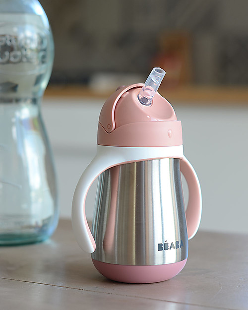 Béaba Tazza Termica con Cannuccia in Acciaio Inossidabile - 250 ml - Rosa - Per Imparare a Bere da Soli Bicchieri
