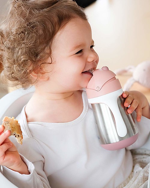 Béaba Tazza Termica con Cannuccia in Acciaio Inossidabile - 250 ml - Rosa - Per Imparare a Bere da Soli Bicchieri