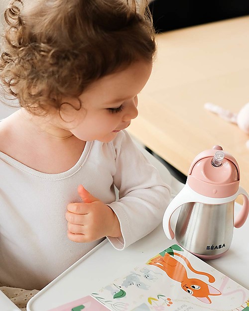 Béaba Tazza Termica con Cannuccia in Acciaio Inossidabile - 250 ml - Rosa - Per Imparare a Bere da Soli Bicchieri