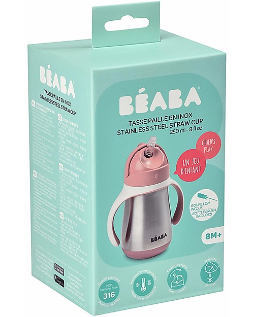 Béaba Tazza Termica con Cannuccia in Acciaio Inossidabile - 250 ml - Rosa - Per Imparare a Bere da Soli Bicchieri
