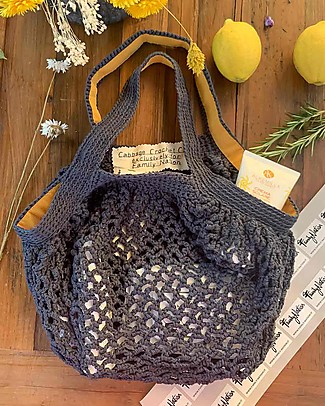 Cabbage Crochet Club per Family Nation Borsa Everyday Blu Notte con Nastro Gros Giallo - 100% Fatto a mano con filati reciclati Borse Shopper