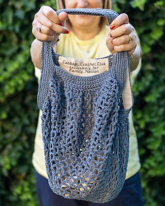 Cabbage Crochet Club per Family Nation Borsa Everyday Celeste Avio con Nastro Gros Naturale - 100% Fatto a mano con filati reciclati Borse Shopper