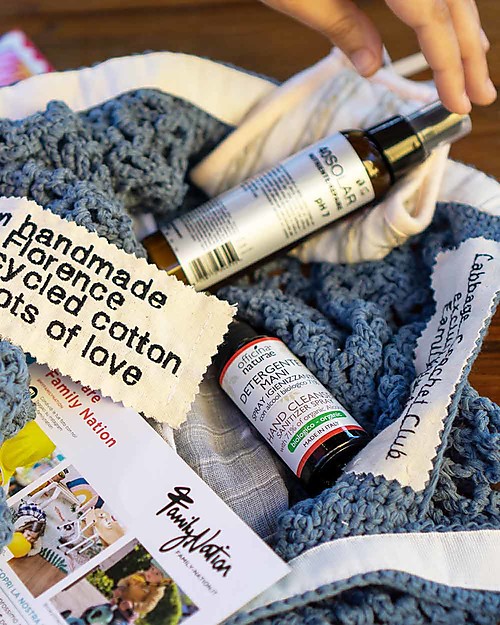 Cabbage Crochet Club per Family Nation Borsa Everyday Celeste Avio con Nastro Gros Naturale - 100% Fatto a mano con filati riciclati Borse Shopper
