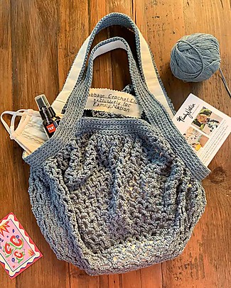 Cabbage Crochet Club per Family Nation Borsa Everyday Celeste Avio con Nastro Gros Naturale - 100% Fatto a mano con filati riciclati Borse Shopper