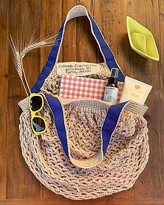 Cabbage Crochet Club per Family Nation Borsa Everyday Cipria con Nastro Gros Blu - 100% Fatto a mano con filati riciclati Borse Shopper