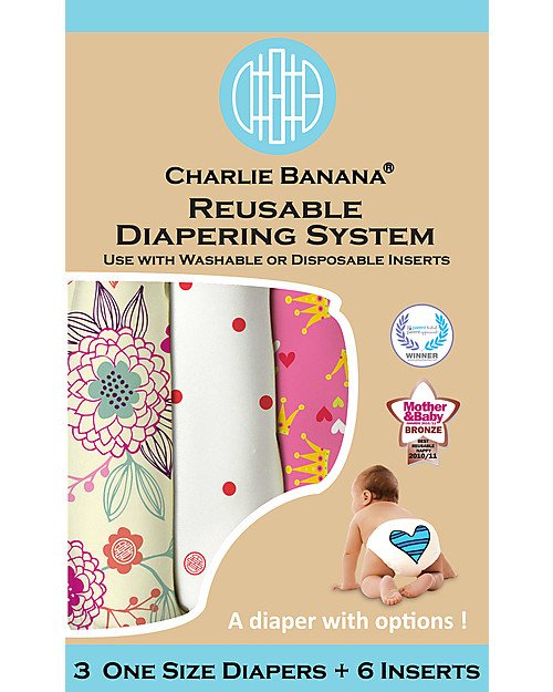 Charlie Banana Set di 3 Pannolini Lavabile Pocket All in One con 6 Inserti Deluxe in Microfibra, Queen - Taglia Unica da 0 a 30 mesi Pannolini Lavabili