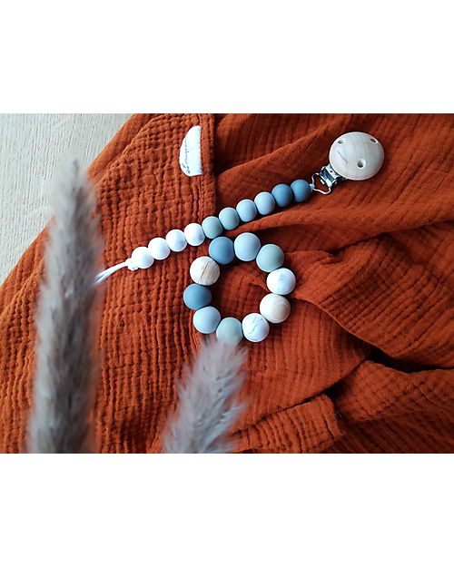 Chewies&more Clip Portaciuccio in Silicone - Massaggiagengive - Leaf - Perline Ombre Blu Catenelle Portaciuccio