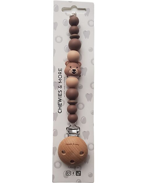 Chewies&more Clip Portaciuccio in Silicone - Massaggiagengive - Marrone - Collezione Bear Catenelle Portaciuccio