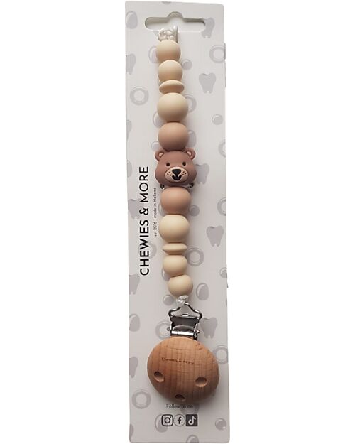 Chewies&more Clip Portaciuccio in Silicone - Massaggiagengive - Nocciola - Collezione Bear Catenelle Portaciuccio