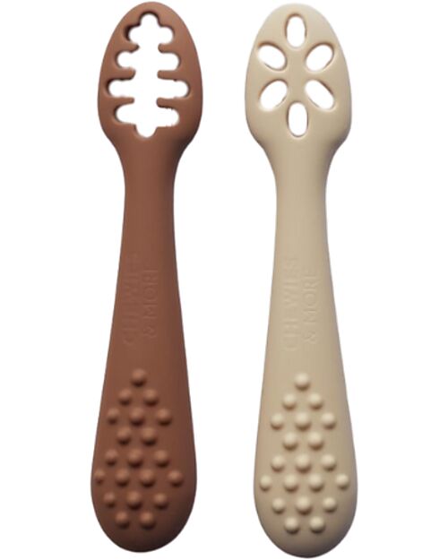 Chewies&more Set 2 Cucchiai da Apprendimento in Silicone Alimentare - Beige e Marrone Posate