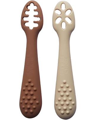 Chewies&more Set 2 Cucchiai da Apprendimento in Silicone Alimentare - Beige e Marrone Posate