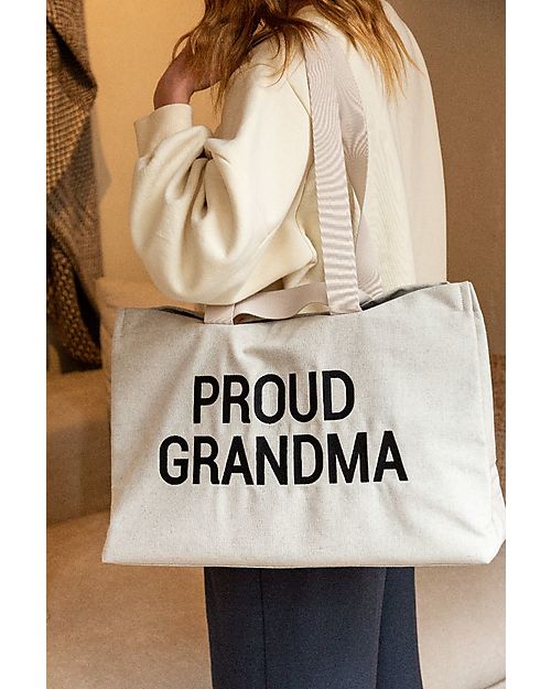 Childhome Borsa Shopper in Canvas Proud Grandma - 50 x 16 x 34 cm - Bianco - Doppio Manico Borse Shopper