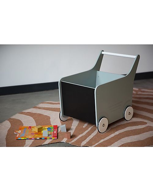 Childhome Carrello Portagiochi in Legno con Lavagna, Grigio Ghiaccio - Perfetto per i primi passi! Carrello Primi Passi