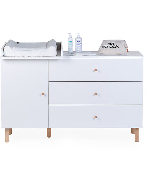 Childhome Cassettiera con Fasciatoio Removibile - Bianco - 3 Cassetti + 1 Anta con Ripiani Cassettiere