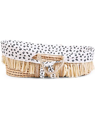 Childhome Cesta Portabebè Moses in Rafia con Materasso + Rivestimento + Maniglie - 84x47 cm - Leopardato Culle e Ceste