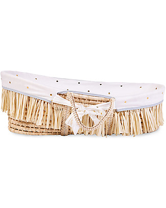 Childhome Cesta Portabebè Moses in Rafia con Materasso + Rivestimento + Maniglie - 84x47 cm - Pois Culle e Ceste